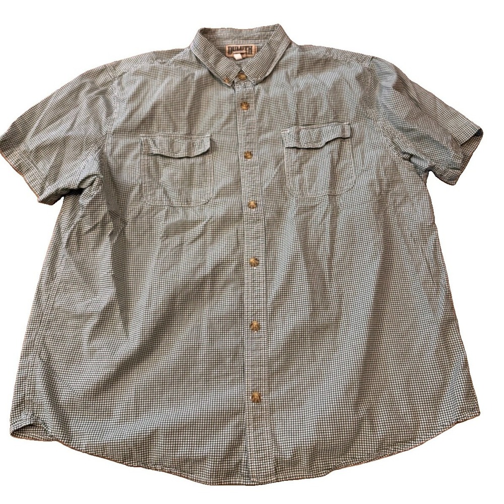 Duluth Trading Mens 2XL Green Gingham Plaid Free Range Short Sleeve Button Shirt